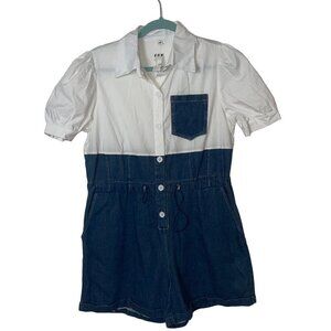 K.S. Womens Romper Size Medium Short Sleeve Blue White Denim Cotton Casual New